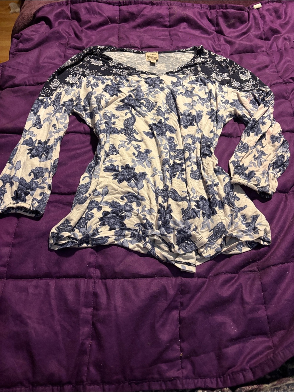 Como Vintage Navy and Cream Floral Long Sleeve Top
